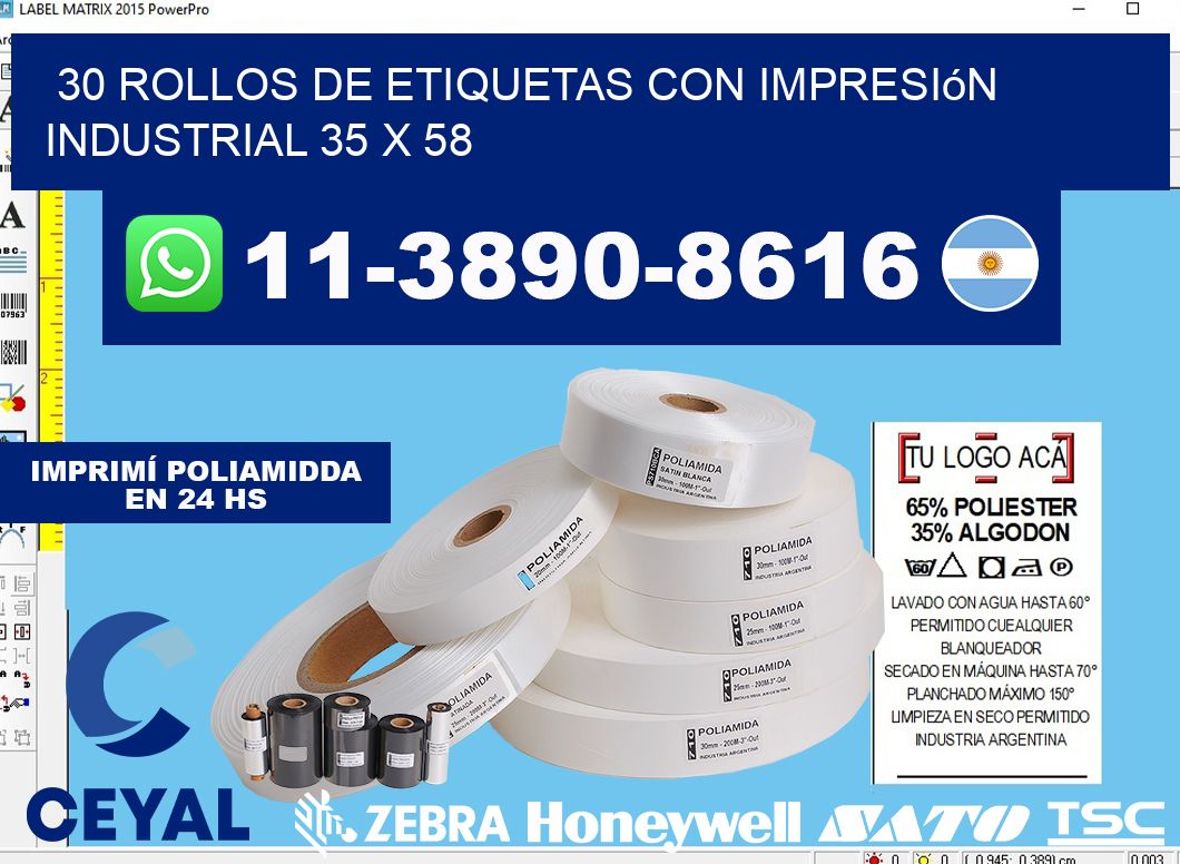 30 rollos de etiquetas con impresión industrial 35 x 58