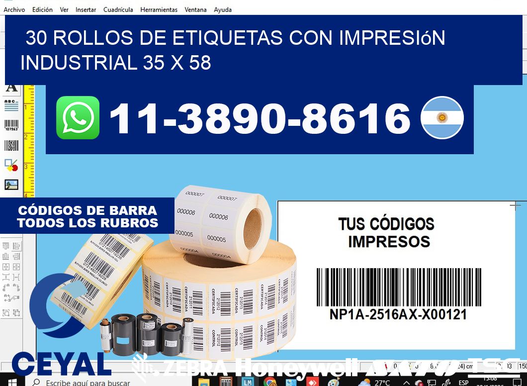 30 rollos de etiquetas con impresión industrial 35 x 58