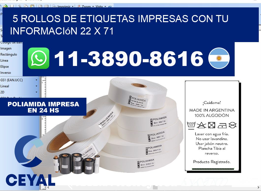 5 rollos de etiquetas impresas con tu información 22 x 71