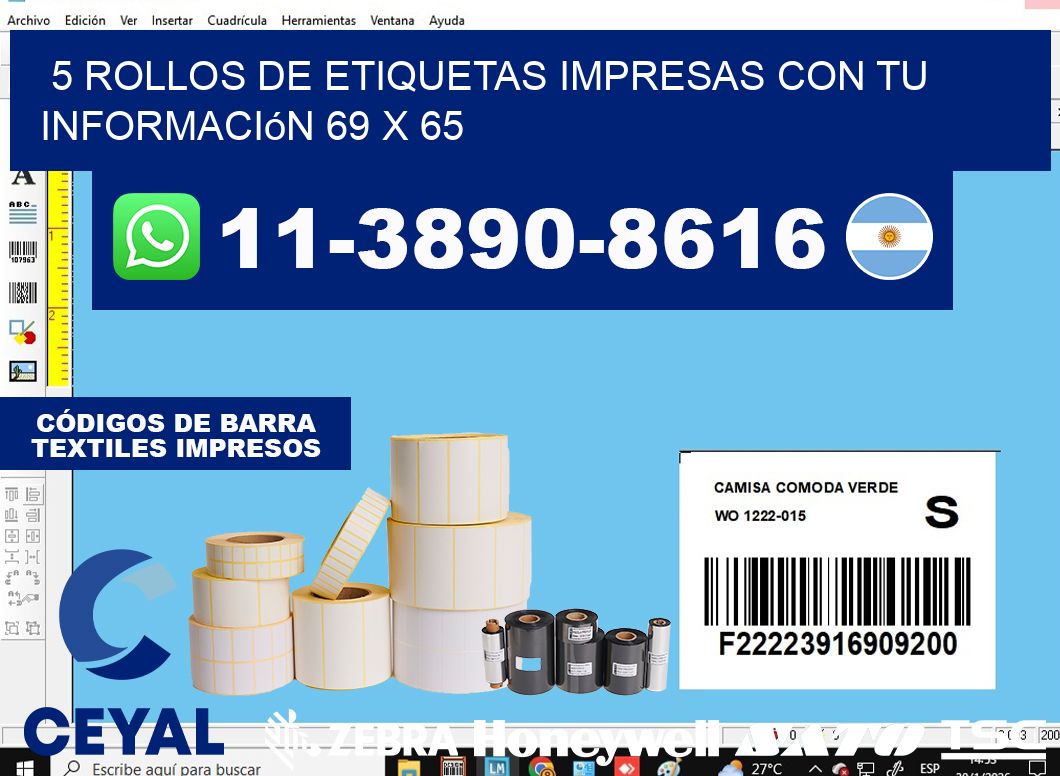 5 rollos de etiquetas impresas con tu información 69 x 65