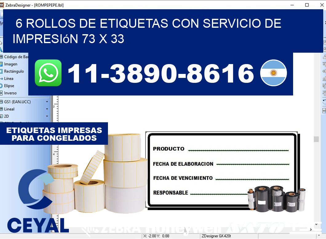 6 rollos de etiquetas con servicio de impresión 73 x 33