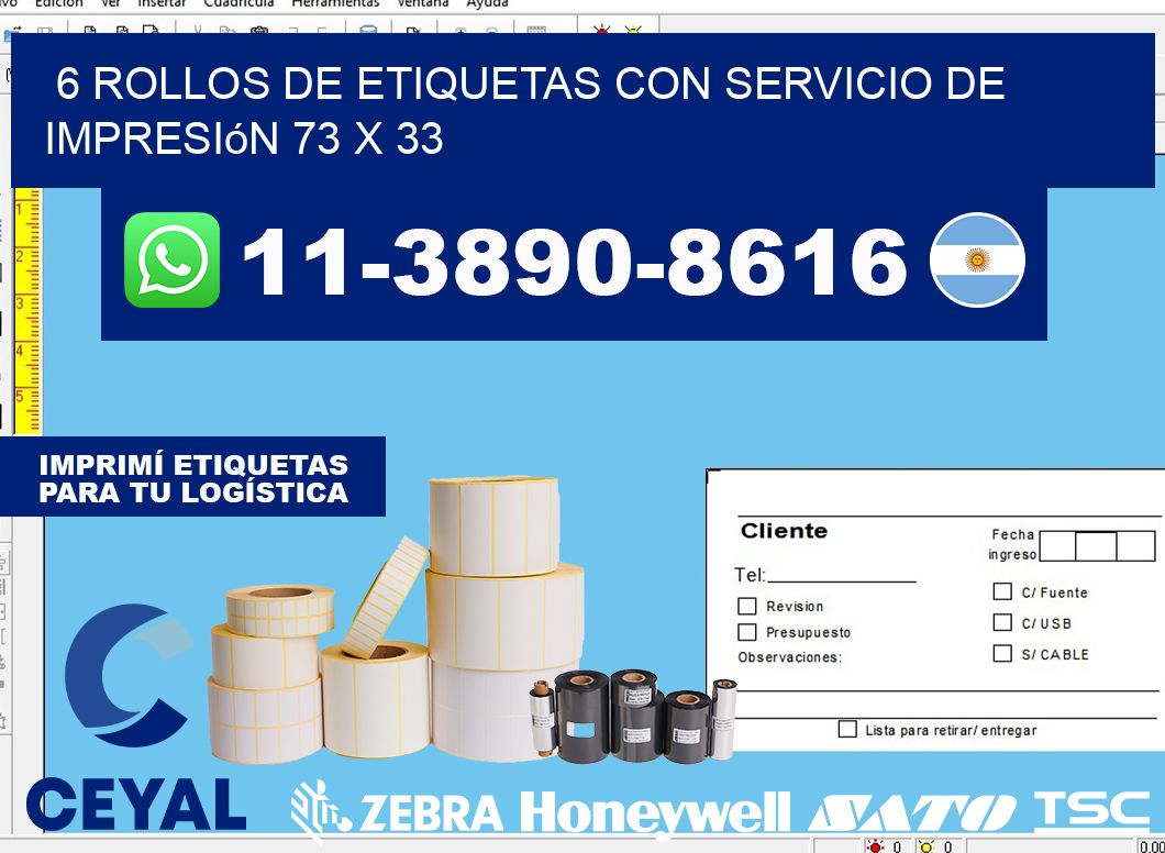 6 rollos de etiquetas con servicio de impresión 73 x 33