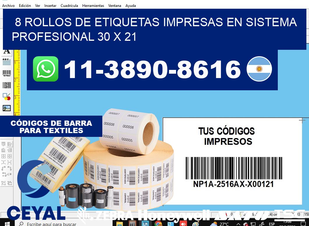 8 rollos de etiquetas impresas en sistema profesional 30 x 21