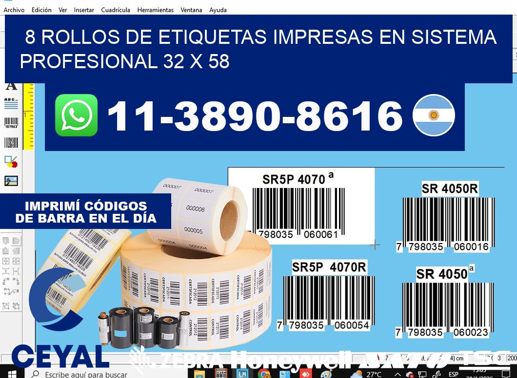 8 rollos de etiquetas impresas en sistema profesional 32 x 58