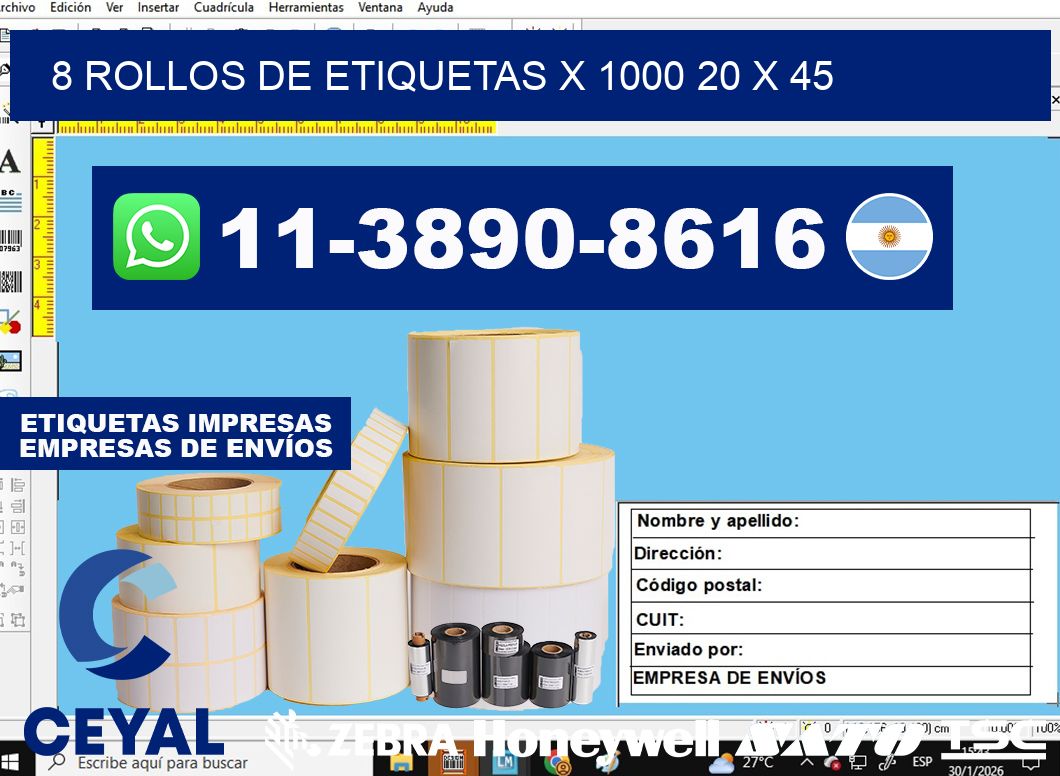 8 rollos de etiquetas x 1000 20 x 45